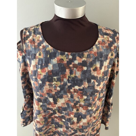 John Mark Linen Tunic Top Size S Blue Brown Bell Sleeve Oversize Lagenlook Fall - Picture 3 of 16